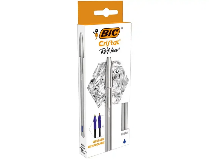 BIC Cristal Renew Bolígrafo Cuerpo Metal Mate con Tinta Azul y 2 Recambios BIC Cristal Renew Bolígrafo Cuerpo Metal Mate con Tinta Azul y 2 Recambios