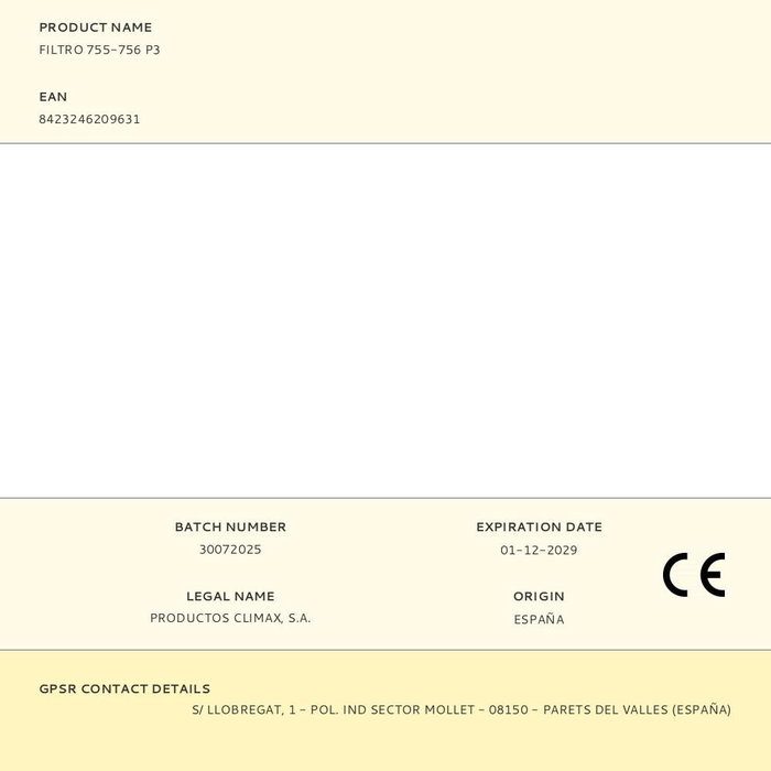 Climax Filtro 755-756 P3 para Gases y Vapores Químicos, Normativa EN 143:2021