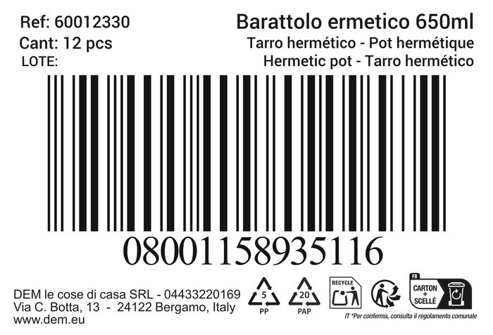 Inde Tarro Hermetico 0,65L 10,8x10,5cm Beclassic (12 Unidades)