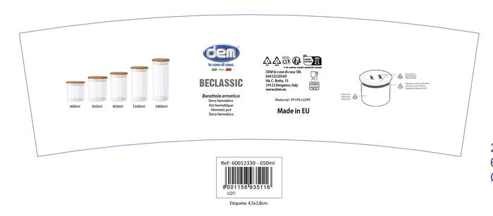 Inde Tarro Hermetico 0,65L 10,8x10,5cm Beclassic (12 Unidades)
