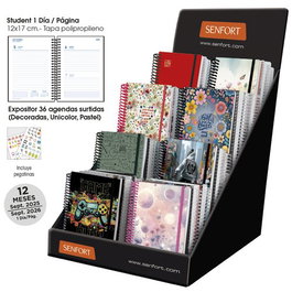 Agenda Escolar (2025-26) Senfort Student Decorada+Lisa Espiral Tapa Pp Con Goma 120X170 D/P Surtido Expositor De 36