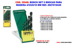 BOSCH Set de 5 Brocas para Madera 4/5/6/8/10 mm