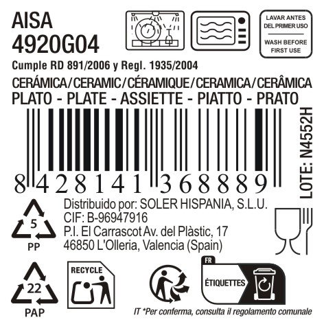 La Mediterranea Plato Pasta o Postre 'Aisa', Diametro 21.5 cm, Material Ceramica, Profundidad 1.5 cm, Peso 12.10 kg por Caja (24 Unidades)