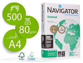 Navigator Papel Din A4 80 Gramos Paquete 500 Hojas | 100% Libre de Atascos, Calidad UHD, Blanco, Certificado Ecolabel y FSC