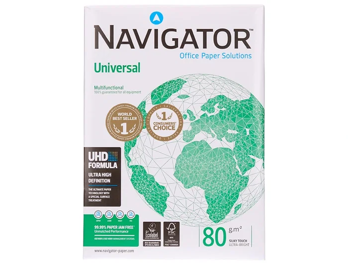 Navigator Papel Din A4 80 Gramos Paquete 500 Hojas | 100% Libre de Atascos, Calidad UHD, Blanco, Certificado Ecolabel y FSC