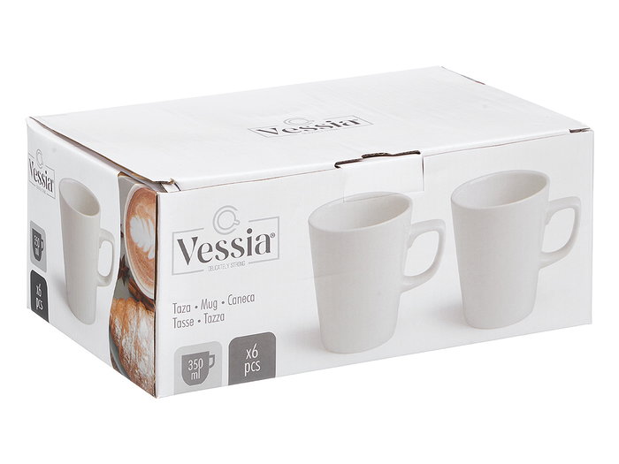 Vessia Taza de Porcelana Blanca 350 ml con Plato 14.5x14.5 cm - Dimensiones Taza 12x8x8.7 cm (Set de 36)