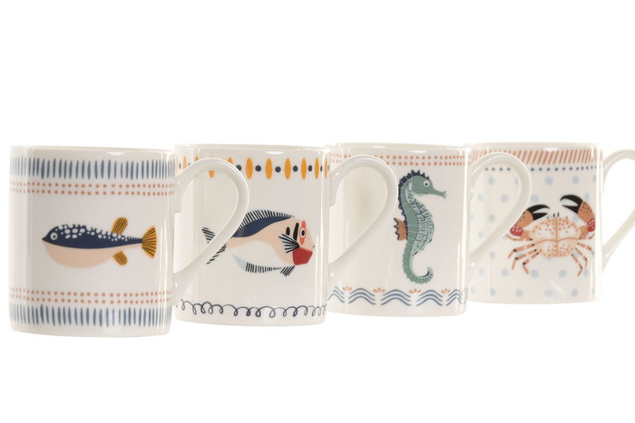 DKD Home Decor Mug Atlantico Porcelana New Bone Blanco Multicolor 5.3 x 6 x 8 cm (12 Unidades)