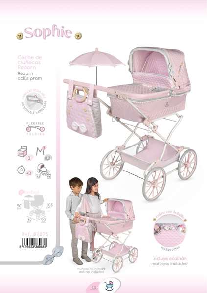 Decuevas Coche Reborn Plegable con Sombrilla y Bolso Sophie para Muñecas de hasta 55 cm
