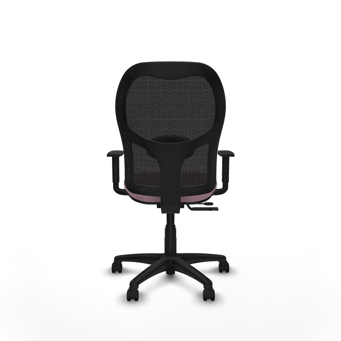 Silla de oficina Alocén con mecanismo Sincro/Traslack tapizada con Tela color Rosa y malla color Negro. Equipada con lumbar 1D, Brazos 1D y Ruedas de nailon 50 mm