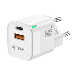 AISENS - CARGADOR GAN 20W, 1XUSB-C PD3.0 QC4.0, 1XUSB-A QC3.0, BLANCO