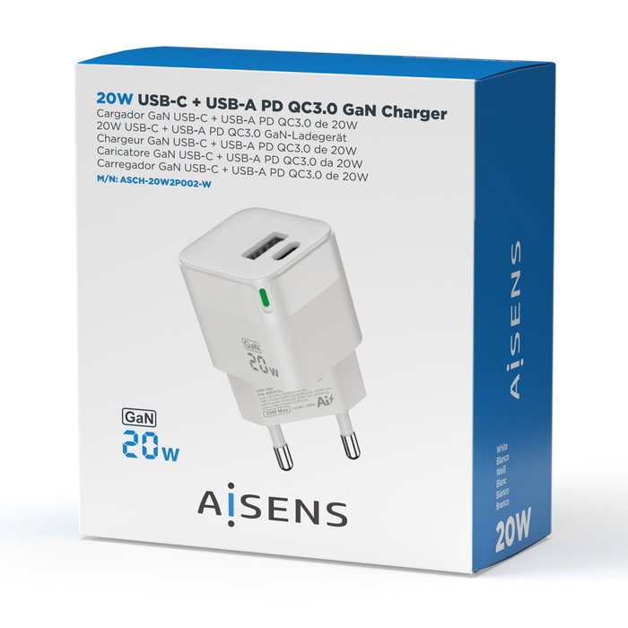 Aisens Cargador GaN 20W con USB-C PD3.0 y USB-A QC3.0, Blanco Aisens Cargador GaN 20W con USB-C PD3.0 y USB-A QC3.0, Blanco