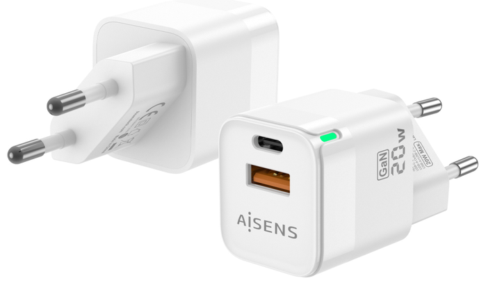 Aisens Cargador GaN 20W con USB-C PD3.0 y USB-A QC3.0, Blanco Aisens Cargador GaN 20W con USB-C PD3.0 y USB-A QC3.0, Blanco