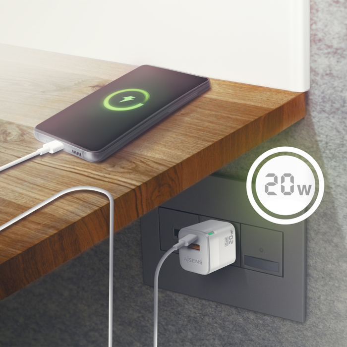 Aisens Cargador GaN 20W con USB-C PD3.0 y USB-A QC3.0, Blanco Aisens Cargador GaN 20W con USB-C PD3.0 y USB-A QC3.0, Blanco
