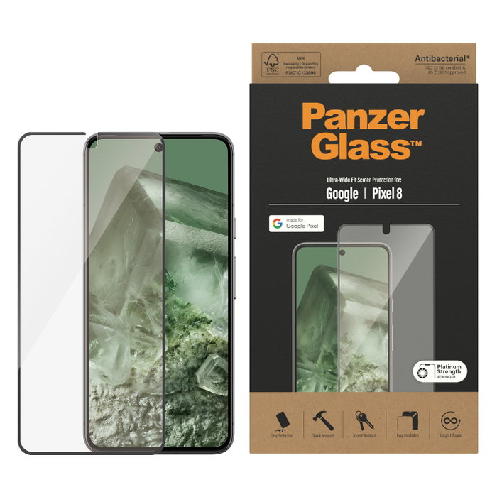 PanzerGlass Protector de Pantalla de Vidrio Templado para Google Pixel 8 | Ultra-Wide Fit, Aplicación en Seco, Resistente a Golpes y Rayones, Antibacteriano, 1 Unidad PanzerGlass Protector de Pantalla de Vidrio Templado para Google Pixel 8 | Ultra-Wide Fit, Aplicación en Seco, Resistente a Golpes y Rayones, Antibacteriano, 1 Unidad