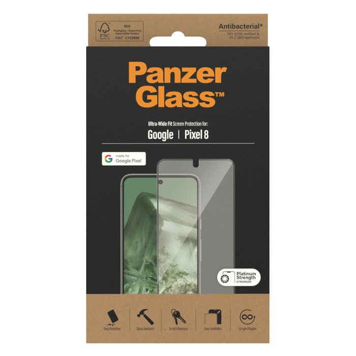 PanzerGlass Protector de Pantalla de Vidrio Templado para Google Pixel 8 | Ultra-Wide Fit, Aplicación en Seco, Resistente a Golpes y Rayones, Antibacteriano, 1 Unidad PanzerGlass Protector de Pantalla de Vidrio Templado para Google Pixel 8 | Ultra-Wide Fit, Aplicación en Seco, Resistente a Golpes y Rayones, Antibacteriano, 1 Unidad