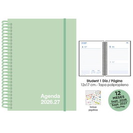 Agenda Escolar (2026-27) Senfort Student Unicolor Espiral Tapa Pp Con Goma 120X170 D/P Pastel Verde