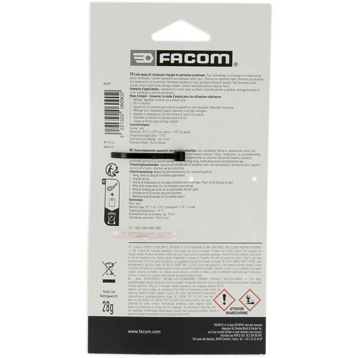 FACOM Adhesivo Epoxi Bicomponente con Tapón - Jeringa para Montaje y Reparación Metálica - 28g