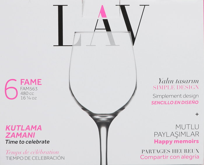 LAV Set de 6 Copas para Vino/Agua de 480 cc, Colección Fame, Dimensiones 7.2 x 7.2 x 22 cm (4 Cajas)