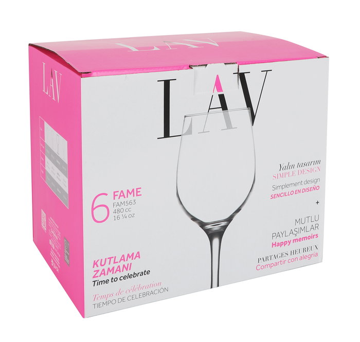 LAV Set de 6 Copas para Vino/Agua de 480 cc, Colección Fame, Dimensiones 7.2 x 7.2 x 22 cm (4 Cajas)