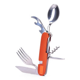 Edm Navaja Multiherramientas + Cubiertos Serie Aconcagua, Hoja Acero Inoxidable, Mango Aluminio, 7 Funciones: Cuchillo, Tenedor, Cuchara, Sacacorchos, Abrebotellas y Más