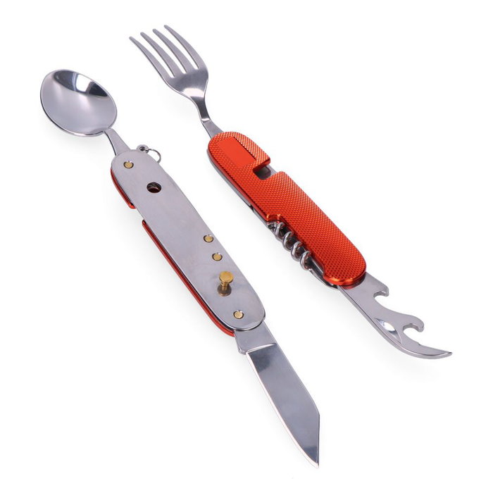 Edm Navaja Multiherramientas + Cubiertos Serie Aconcagua, Hoja Acero Inoxidable, Mango Aluminio, 7 Funciones: Cuchillo, Tenedor, Cuchara, Sacacorchos, Abrebotellas y Más