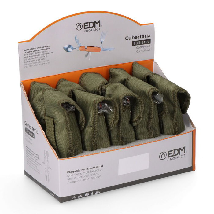 Edm Navaja Multiherramientas + Cubiertos Serie Aconcagua, Hoja Acero Inoxidable, Mango Aluminio, 7 Funciones: Cuchillo, Tenedor, Cuchara, Sacacorchos, Abrebotellas y Más