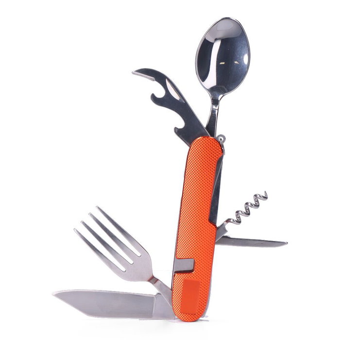 Edm Navaja Multiherramientas + Cubiertos Serie Aconcagua, Hoja Acero Inoxidable, Mango Aluminio, 7 Funciones: Cuchillo, Tenedor, Cuchara, Sacacorchos, Abrebotellas y Más