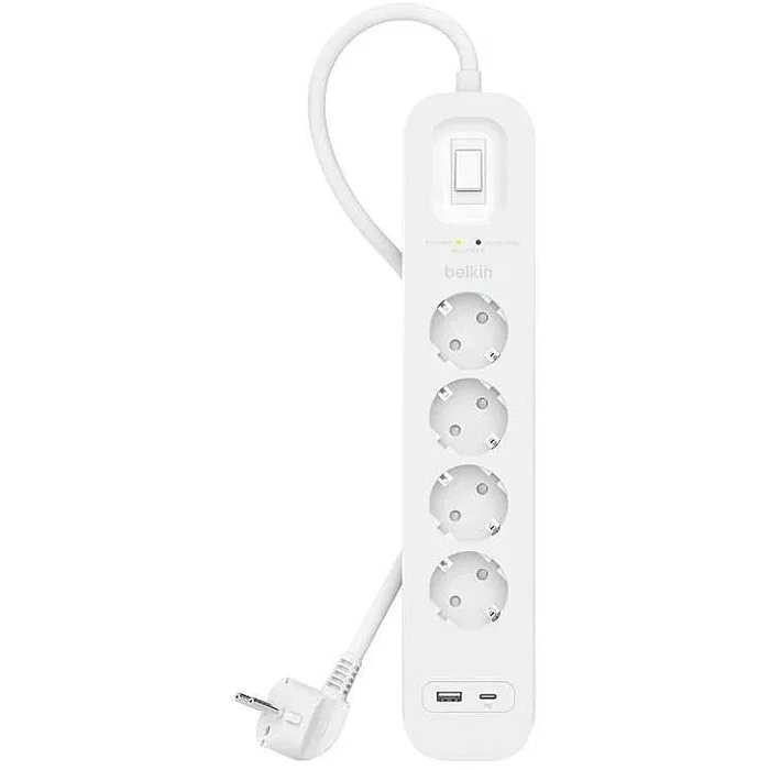 Belkin SRB001VF2M Protector contra Sobretensiones 525J con Puertos USB-C PD y USB-A - 4 Tomas - Blanco - Cable 2 metros