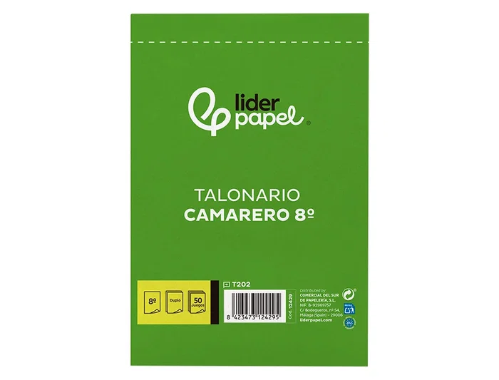 Liderpapel T202 Talonario Camarero 8º Original y Copia, Tamaño Octavo Natural 105 x 155 mm, 1 Copia, Castellano, 60 g