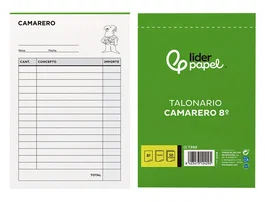 Liderpapel T202 Talonario Camarero 8º Original y Copia, Tamaño Octavo Natural 105 x 155 mm, 1 Copia, Castellano, 60 g