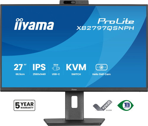 Iiyama ProLite XB2797QSNPH-B1 Monitor 27" QHD IPS Cámara 5MP Micrófono USB-C KVM Ajustable Altura 15cm Negro