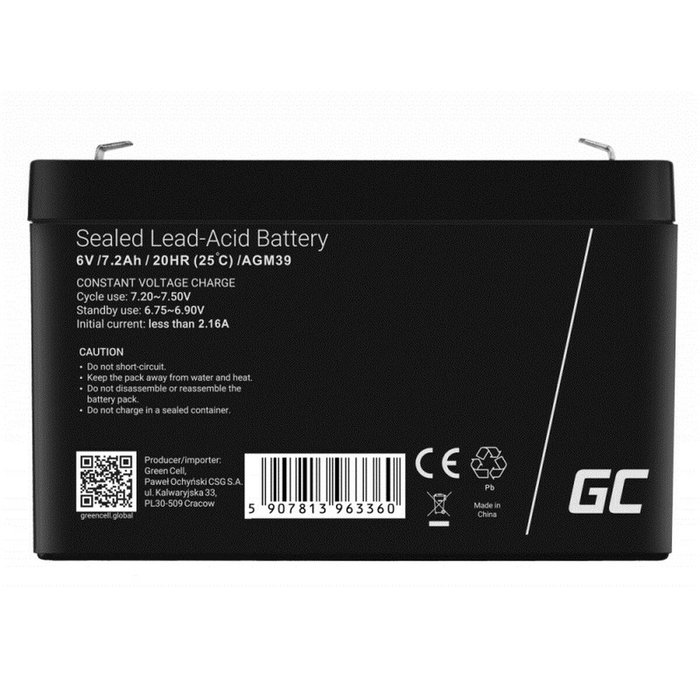 Green Cell AGM39 Batería recargable industrial 6V 7.2Ah Green Cell AGM39 Batería recargable industrial 6V 7.2Ah