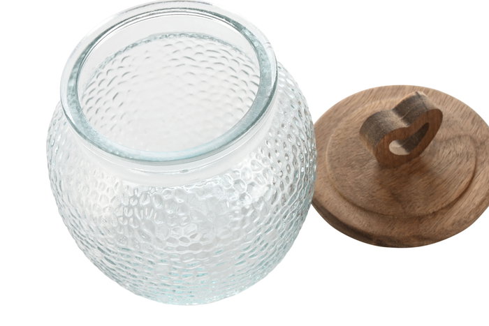 DKD Home Decor Bote de Vidrio Transparente con Tapa de Madera Acacia, Corazón, 550ml, 11x14.2x11 cm (Pack de 12 Unidades) Apto Microondas y Lavavajillas