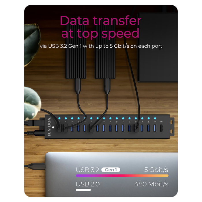 ICY BOX IB-HUB1717-U3 Hub USB 3.2 Gen 1 de 17 Puertos (16 Tipo-A + 1 Tipo-B), 5 Gbit/s, Negro