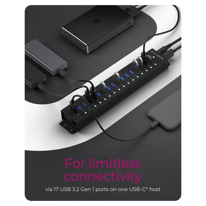 ICY BOX IB-HUB1717-U3 Hub USB 3.2 Gen 1 de 17 Puertos (16 Tipo-A + 1 Tipo-B), 5 Gbit/s, Negro