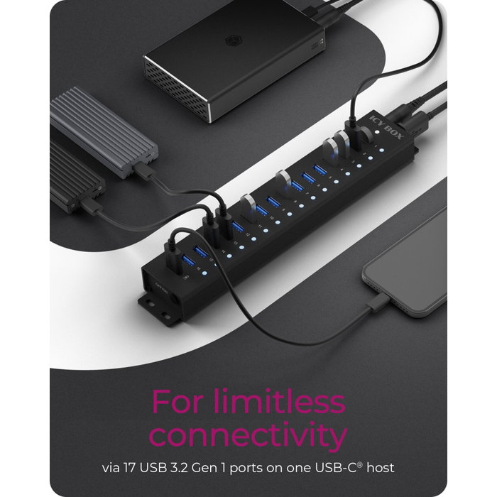ICY BOX IB-HUB1717-U3 Hub USB de 16+1 puertos Negro ICY BOX IB-HUB1717-U3 Hub USB de 16+1 puertos Negro