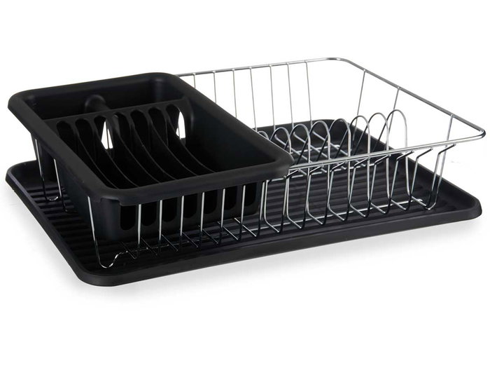 Kinvara Escurreplatos Plano Bandeja Recipiente de Plástico PP y Metal Negro, Dimensiones 43.5 x 33.5 x 11 cm (Set de 4)