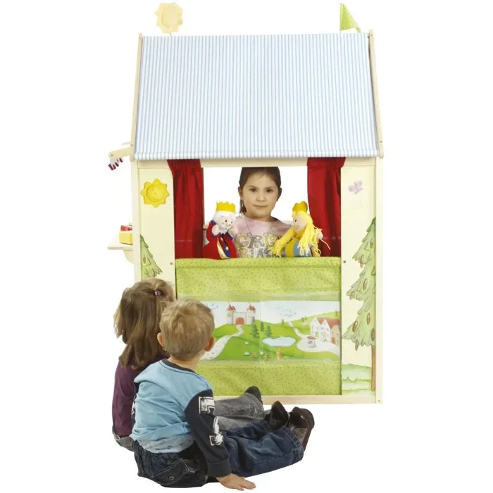 Roba ROB4005317234632 Casita de Juegos 4 en 1 de Madera con Teatro de Marionetas, Supermercado, Oficina de Correos y Banco - Amarillo Pastel y Verde
