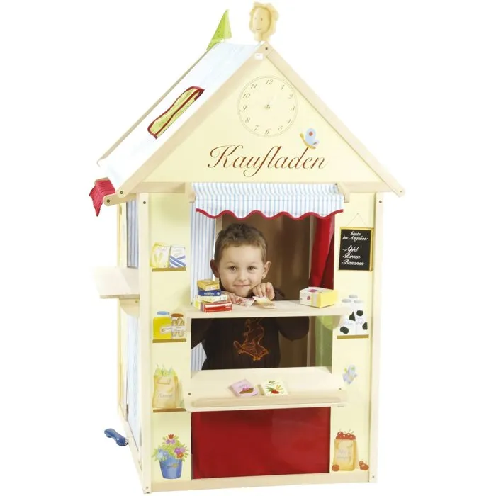 Roba ROB4005317234632 Casita de Juegos 4 en 1 de Madera con Teatro de Marionetas, Supermercado, Oficina de Correos y Banco - Amarillo Pastel y Verde