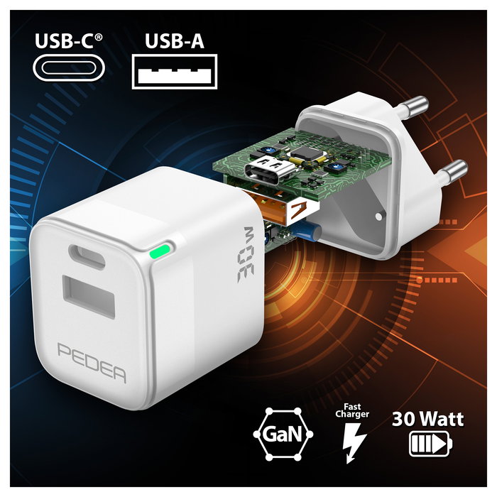 PEDEA 60040106 Cargador Rápido 30W USB-C PD 2 Puertos (USB-C/USB-A) para Móvil - Blanco