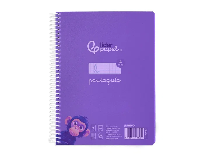 Liderpapel Cuaderno Espiral Pautaguía A5, 80 Hojas, 90gr, Cuadro Pautado 4 mm con Margen, Lila