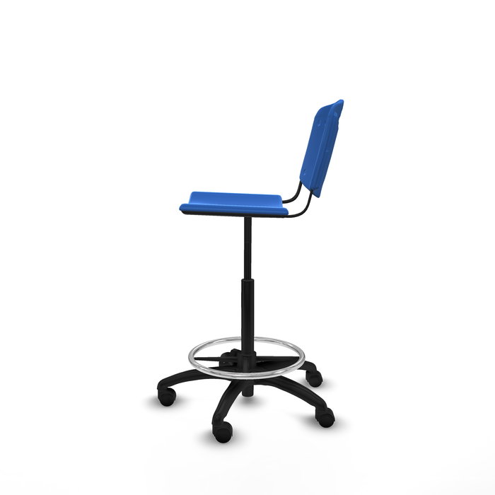 Taburete Robledo con mecanismo Giratorio de PVC color Azul. Equipado con Base poliamida negra, Sin brazos y Ruedas de nailon 50 mm
