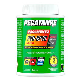 Pegatanke Pegamento para Tuberías PVC y CPVC para Agua Fría y Caliente, 240 ml, Alta Resistencia (+500 psi, 80°C), Aplicación en Seco/Húmedo