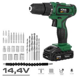 Koma Tools Taladro Atornillador Eléctrico 14.4V 1500 mAh, Modelo 14v-ta27-k, con Maletín, 27 Accesorios, Brocas para Metal y Madera, Velocidad Variable y Luz LED