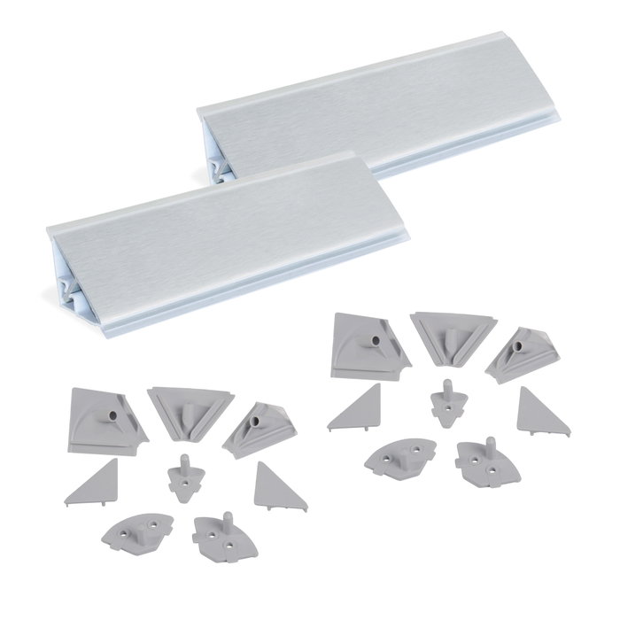 Emuca Lote de 2 copetes triangulares para cocina Plasline con accesorios de instalación, 2 barras de longitud 2.35m, Plástico, Anodizado satinado Emuca Lote de 2 copetes triangulares para cocina Plasline con accesorios de instalación, 2 barras de longitud 2.35m, Plástico, Anodizado satinado