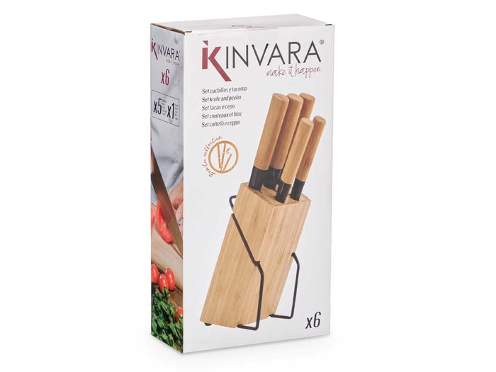 Kinvara Taco de 5 Cuchillos de Bambú Acero Inoxidable 18 cm x 36 cm x 8.5 cm (Set de 4)