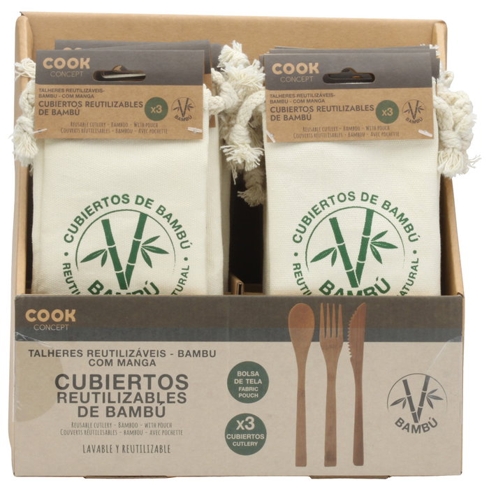 Cook Concept Juego De 3 Cubiertos Bambú Con Bolsa Reutilizables Alternativa Plástico