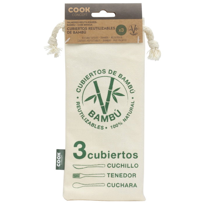Cook Concept Juego De 3 Cubiertos Bambú Con Bolsa Reutilizables Alternativa Plástico
