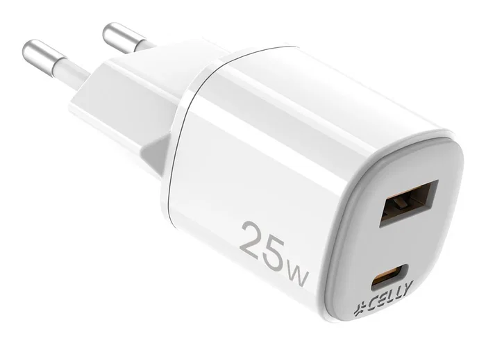 Celly UPTC1USB1USBC25 Cargador de Pared GaN 25W Blanco con 1 Puerto USB-C y 1 Puerto USB-A, Carga Rápida para Smartphone, Tableta y Más