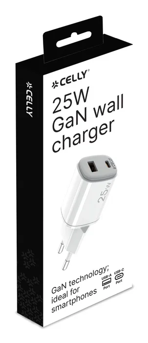 Celly UPTC1USB1USBC25 Cargador de Pared GaN 25W Blanco con 1 Puerto USB-C y 1 Puerto USB-A, Carga Rápida para Smartphone, Tableta y Más